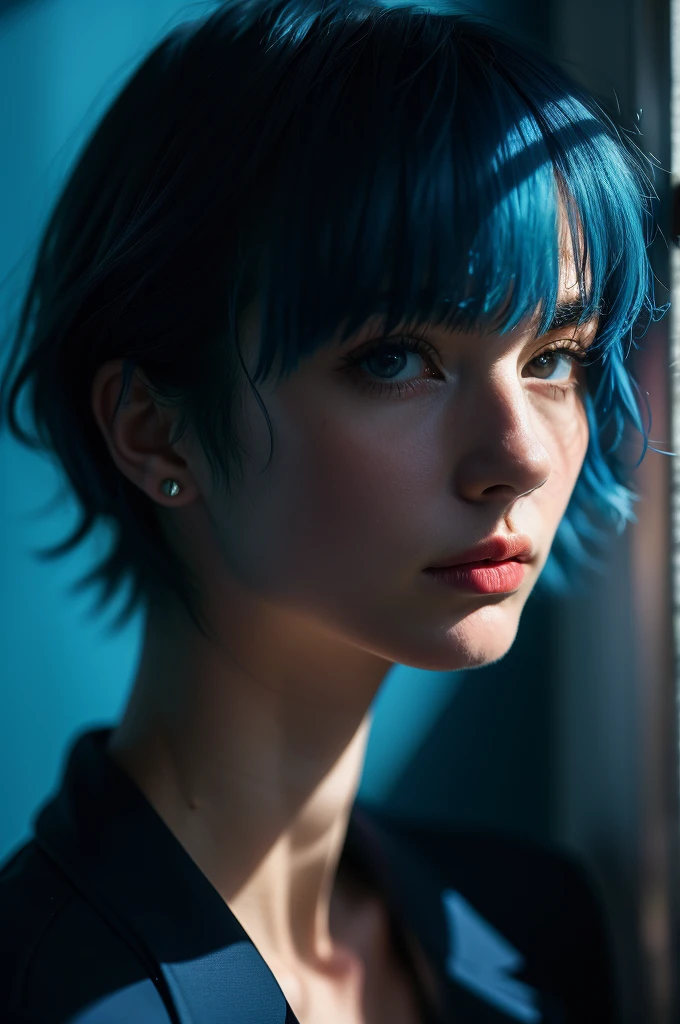 Instagram Photos, French woman, 21 years old, square hair cut,Blue hair, Close-up portrait, Jacket,shirt, Neckline, pale, Sharp Shadow
