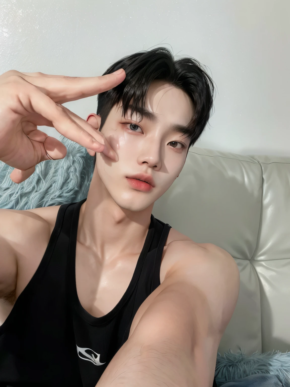 There is a man who is sitting on a sofa with his finger on his forehead, jinyoung shin, south korean man, kim doyoung, Jung Jaehyun, hyung tae, pale korean adorable face, hong june hyung, wicked ulzzang, who is siwoo, Yanjun Chengt, korean muscle boy 2 1 years, kim taejin, cai xukun
