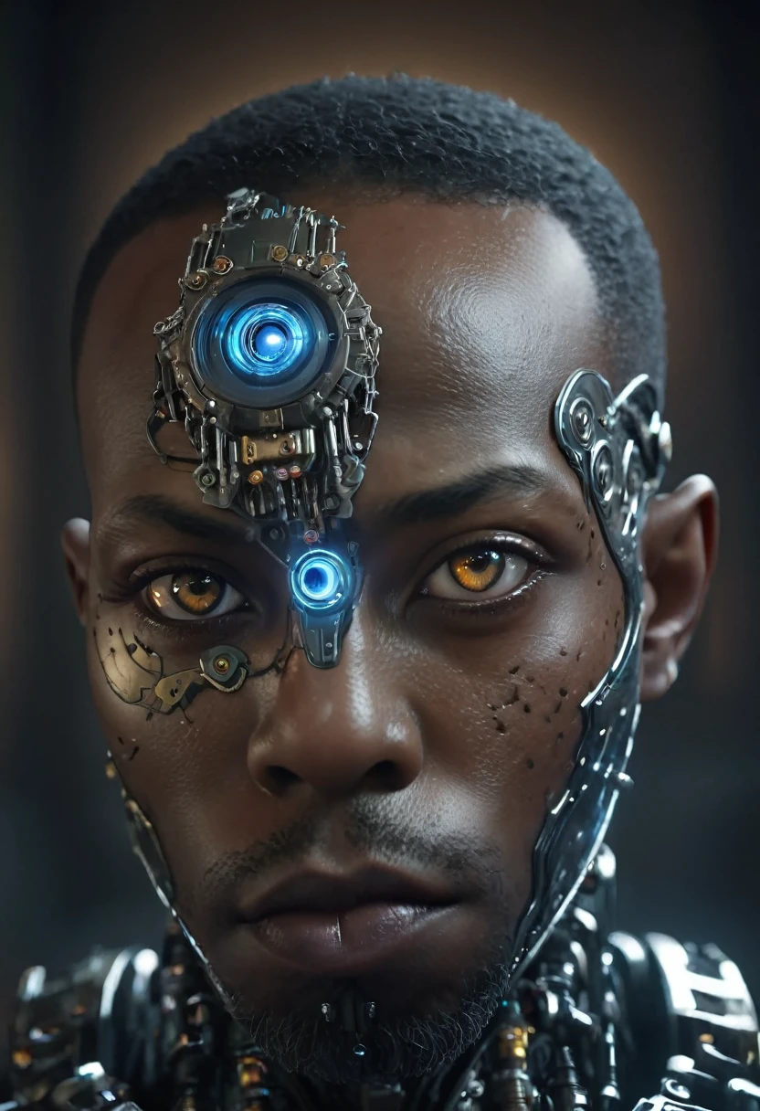 cinematic closeup portrait of shawt a black man as a cyborg from dc comics, highly detailed cybernetic face, glowing cybernetic eyes, intricate mechanical parts, metallic skin, complex circuitry, futuristic design, dark moody lighting, dramatic shadows, cinematic composition, realistic rendering, hyper detailed, 8k, photorealistic