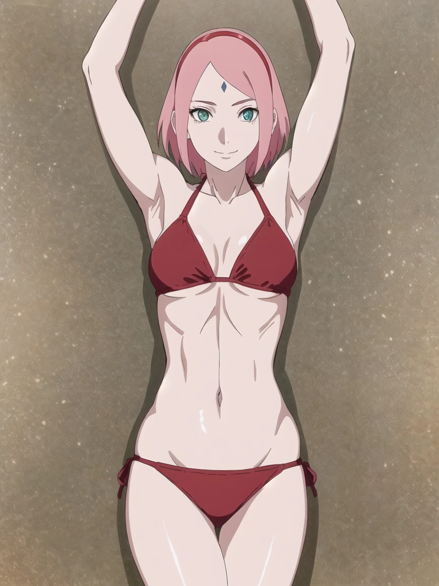 anime style, solo, 1 woman, super ultra details, very high resolution, perfect anatomy, ultra detailed face, high vibrance, (blue light), ((cold colors)), 1girl, haruno sakura, (tall, thin belly, off-shoulders, biceps, closed fists, pale skin, long belly, small breasts, forehead mark), ((red t-back bikini, red hair band)), looking at viewer, (beach, stretching, armpit line), floating hair, big smile, cowboy shot, (reddish pink hair, short hair), spring time((((sexy pose))))((((((35 years old sexy body))))))(((bib boobs))))(((she has a perfect body)))