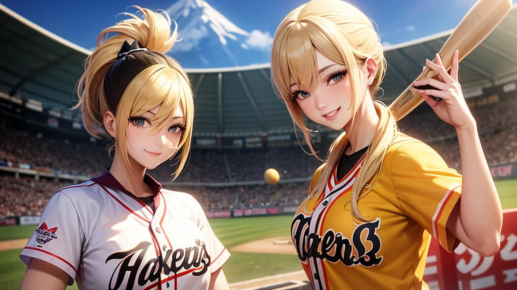 A beautiful courtesan is playing baseball on a volcano。Sexy smile、Blonde ponytail、Hanshin Tigers uniform