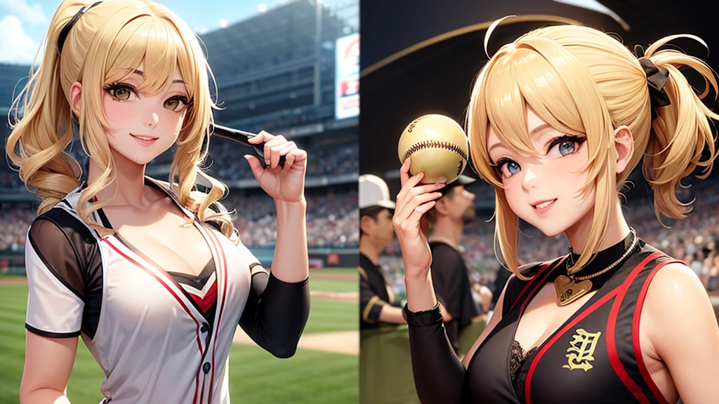 A beautiful courtesan is playing baseball on a volcano。Sexy smile、Blonde ponytail、Hanshin Tigers uniform