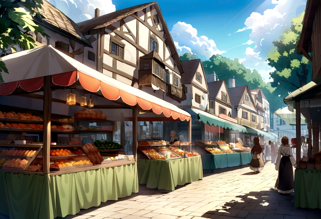 ((((masterpiece, Best Quality, High resolution)))), High detail, manga,anime,Illustrated style,Use of bright colors,Ghibli Studio「Howl's Moving Castle」The colors are like those used in daytime scenes.,Medieval European fantasy worldview, Christmas Market Square during the day, Festival scene in the square, There is a beautiful fountain in the center、Sparkling water gushes out in the sunlight., Large space, Bustling food stalls,Many food stalls are lined up,There aren't many people,人の着ている服はGhibli Studioの魔女の宅急便のような雰囲気, RPG-like scenery, Colorful tent stalls.Delicious food is on sale, The sky is bright blue、Fluffy white clouds floating, And the sun is shining brightly, Create a magical and cozy atmosphere.