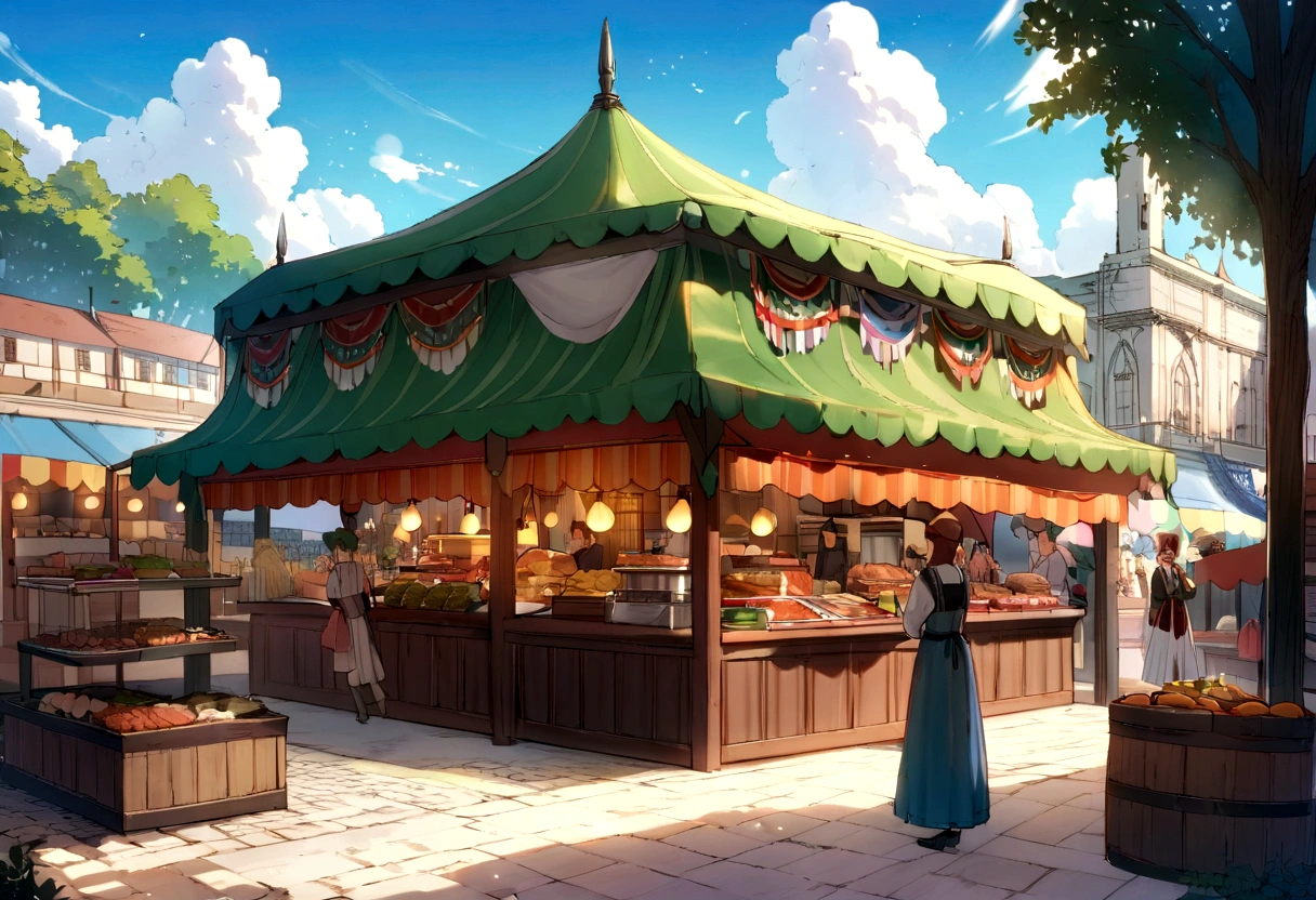 ((((masterpiece, Best Quality, High resolution)))), High detail, manga，anime，Illustrated style，Use of bright colors，Ghibli Studio「Howl&#39;s Moving Castle」The colors are like those used in daytime scenes.，Medieval European fantasy worldview, Christmas Market Square during the day, Festival scene in the square, There is a beautiful fountain in the center、Sparkling water gushes out in the sunlight., Large space, Bustling food stalls,Many food stalls are lined up，There aren&#39;t many people，人の着ている服はGhibli Studioの魔女の宅急便のような雰囲気， RPG-like scenery, Colorful tent stalls.Delicious food is on sale, The sky is bright blue、Fluffy white clouds floating, And the sun is shining brightly, Create a magical and cozy atmosphere.