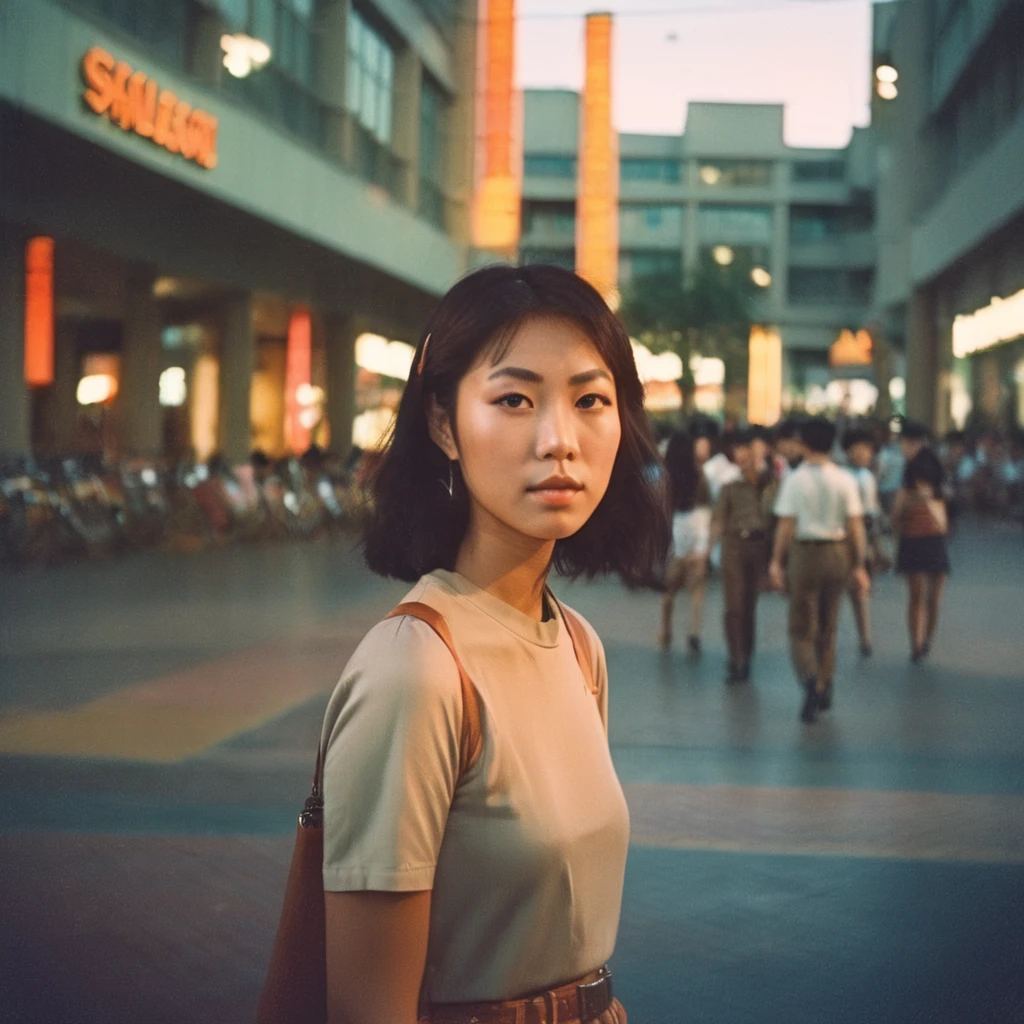 Vintage Photograph, young asian Woman Portrait, Analog Film, Wearing trendy 1970s clothes and haircut, Soft Lighting, mall Background, Rule of Thirds Composition, Visible Grain, Shallow Focus, 
,analog, AnalogRedmAF,
