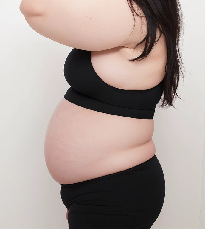 Pregnant woman in black underwear posing for a photo in front of a white wall, her belly is fat and round, visible ship, She has a jiggly, fat, round belly, belly exposed, fat belly, half body photo, half body crop, folds of abdominal flaps, medium shot waist up, pregnant belly, her belly button was exposed