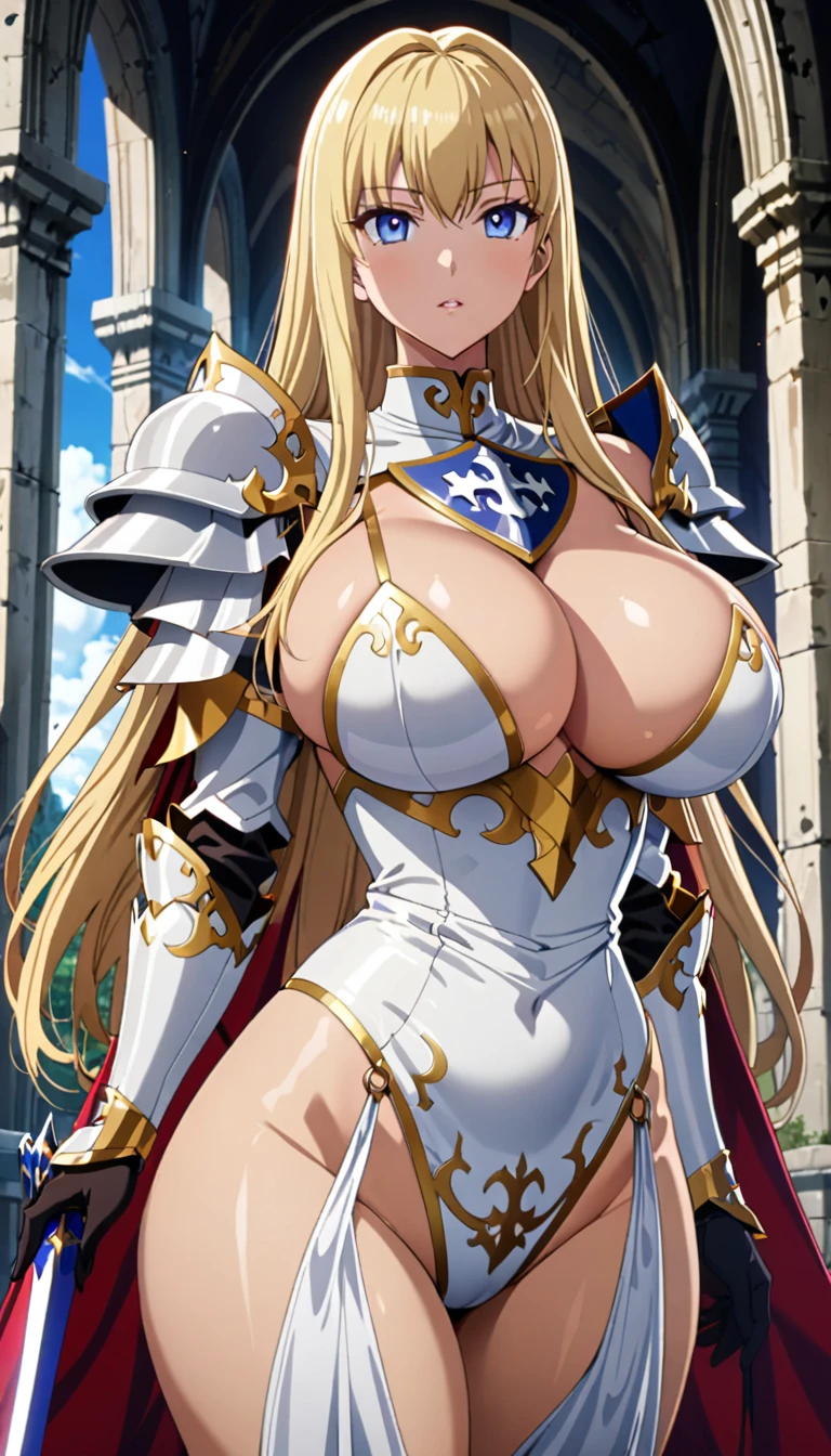 ((masterpiece)), ((high quality)), ((super detailed)), ((high resolution)) ,((8k)), a beautiful woman, ((She is one of the most famous female holy knight)), unparalleled beauty, ((huge breast)), ((large ass)), ((deep cleavage)), slim waist, chest out, ultra detailed face, perfect skin, (((long blonde straight hair))), blue eyes, detailed eyes, whole body image, (((anime))), ((glamorous)), 21 years old, ((incredibly beautiful woman)), ((The I cup bust)), ((((bikini armor)))), ((beautiful breasts)), beautiful legs, 8 life size, anime, the most beautiful and strongest, ((charm)), ((Grown-up face)), ((Perfect fingers)), ((Bewitching)), ((A young heroine)), ((((from below)))),