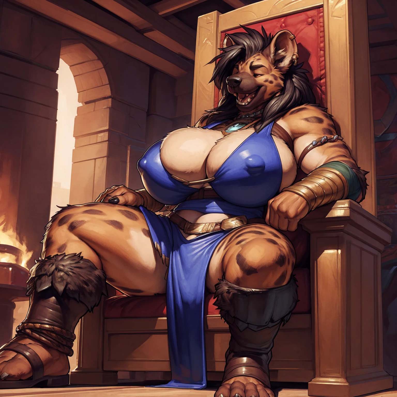 uploaded to e621.net, masterpiece, 8k, hyena woman, matriarch, barbarian outfit, leather outfit, wooden throne, seated, huge breasts, large areolae, nipple outline, laughing, by darkgem, by meesh, by bng, by duase, 