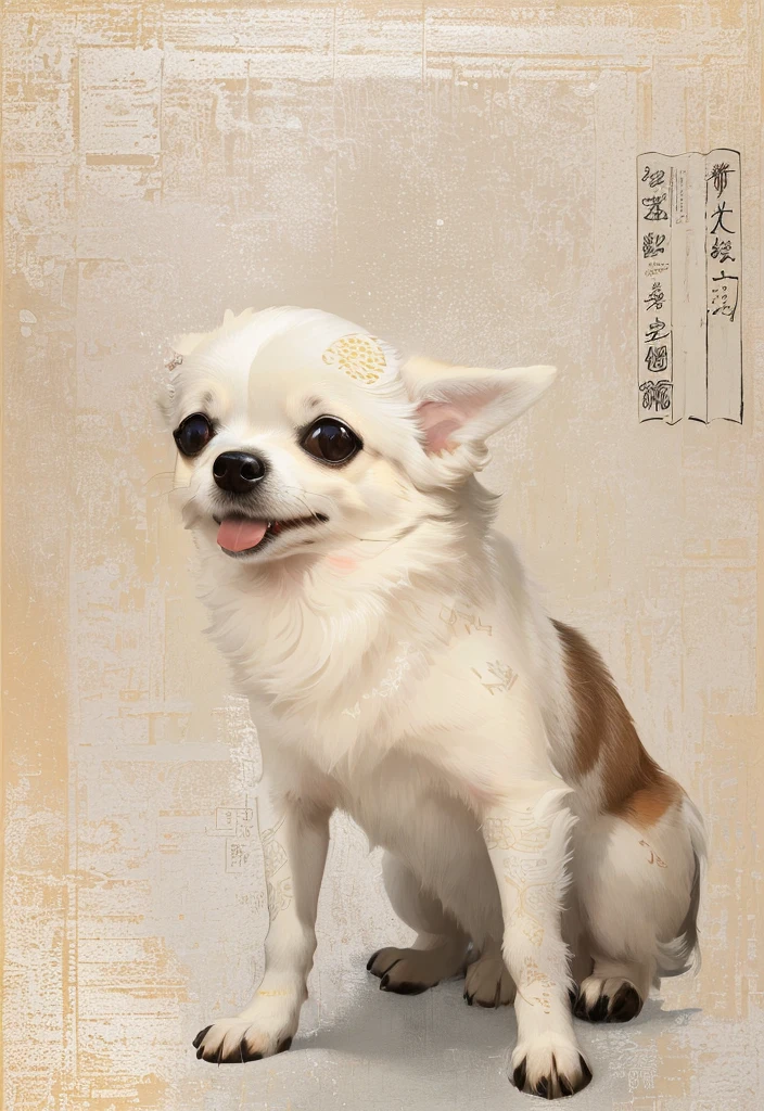 araffe dog sitting on a white surface with a chinese writing on it, chihuahua, miko, japanese dog, long - haired chihuahua, jojo, koda kazuma, god had dog chihuahua's head, portrait of dog, detailed portrait, sha xi, classic portrait, portrait of a dog, inspired by Félix Bódog Widder, small dog