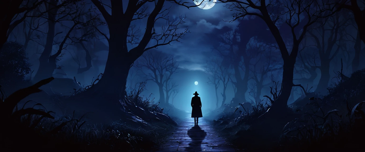 Mystery Night banner landscape that evokes mystery and suspense. Combine elements of shadowy figures, scary scenes, iconic symbols of horror and mystery. Use a dark blue, black, or purple color palette to convey a nighttime atmosphere. Create immersive, striking designs. (nice layout, realistic, mysterious, mystical, 3D, 8K)