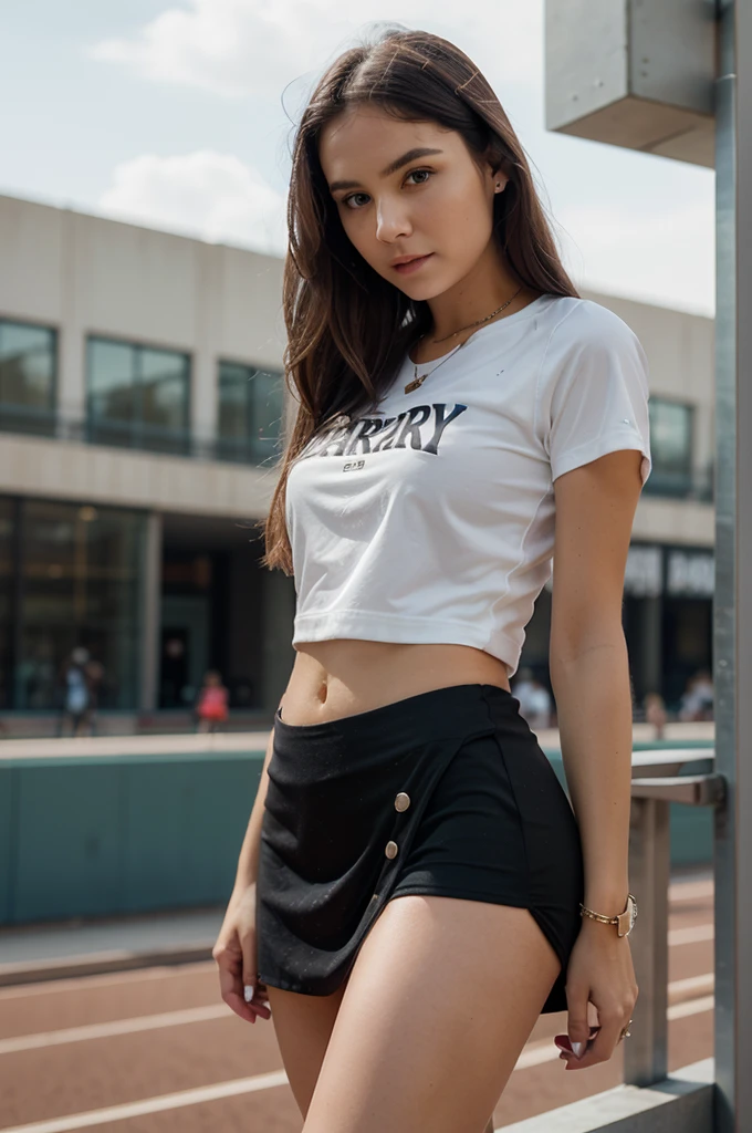 1girl in, 30 years old, Square face, Long hair, Looking at viewer, jewelry, Reality, Sexy, Short skirt outfit, , sports background, free pose