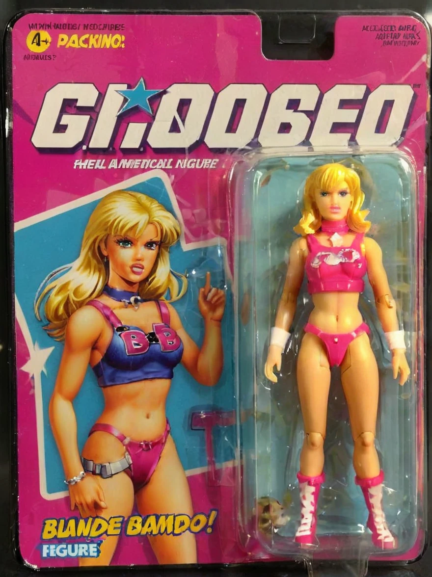 A 2000's girl action figure, detailed and lifelike, enclosed in a plastic box, The packaging background depicts a 2004 blonde bimbo girl