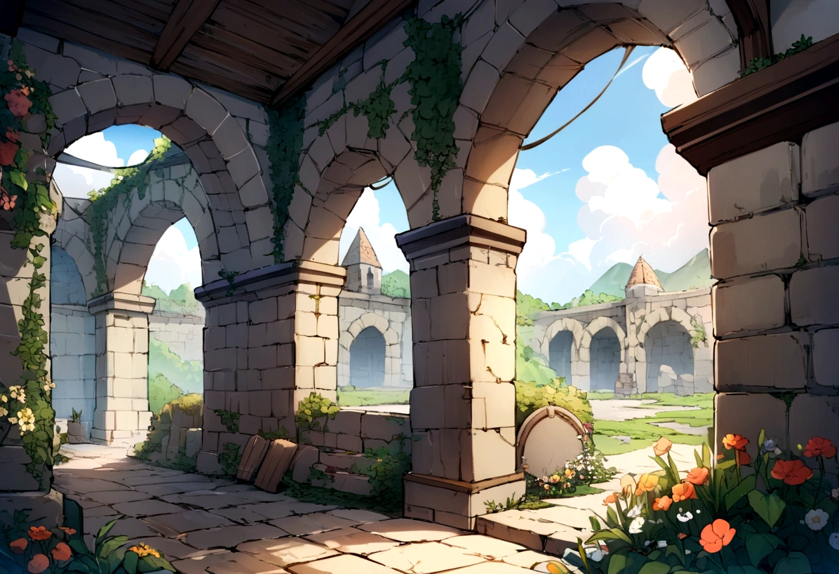 ((((masterpiece, Highest quality, High resolution)))),High detail, manga,anime,Illustration Style,Use of bright colors,Ghibli Studio,Similar to the colors used in daytime scenes, Medieval European fantasy world, Extremely detailed 8K, High detail,cave,Remainsとcave,maze,Remains,古いRemains,Flowers are blooming profusely,Remainsと花,Flowers, Game Sword,Hero's Sword,Dirty Sword,Lying Sword,Luxurious sword,, Both indoor and outdoor displays. The arches and walls are made of rustic stone, Gives a quaint and attractive look. The store is transparent, Colorful rocks visible beneath the surface. The sky is bright blue、Fluffy white clouds floating, And the sun is shining brightly, Create a magical and cozy atmosphere.