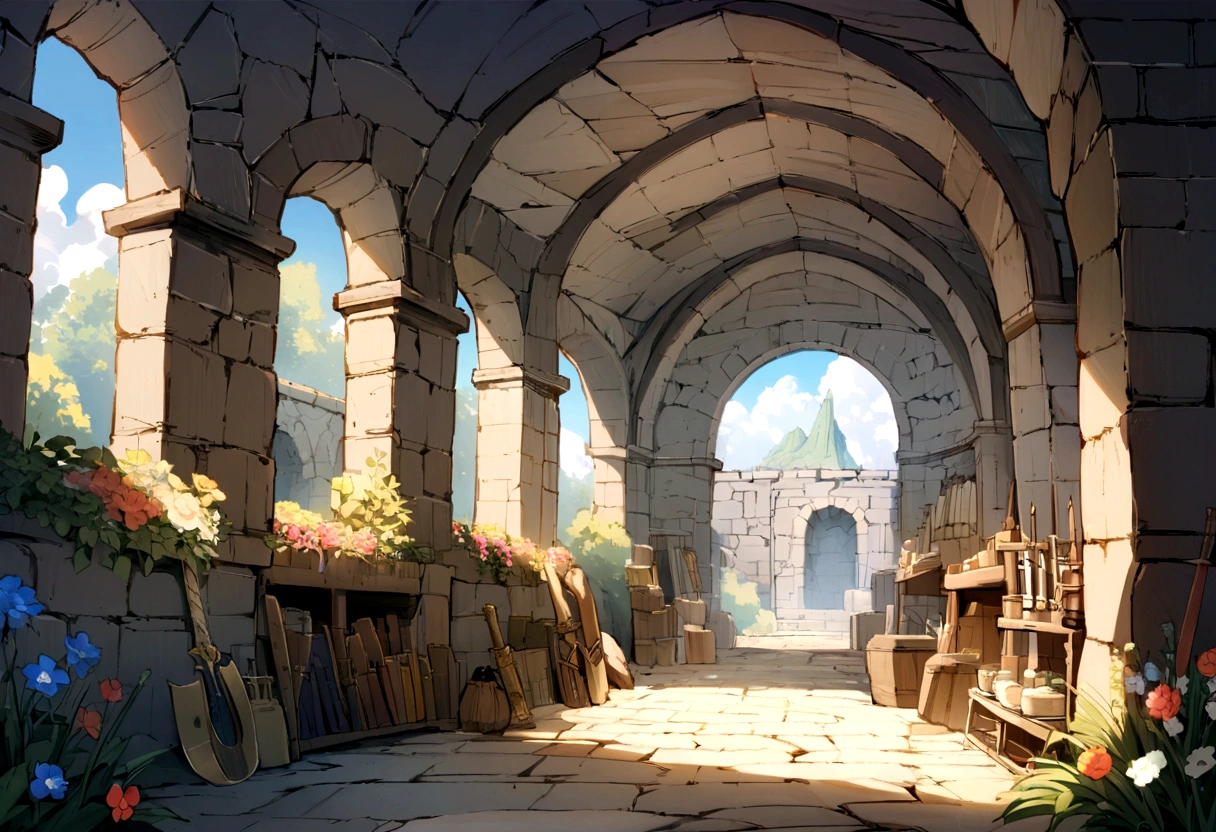 ((((masterpiece, Highest quality, High resolution)))),High detail, manga，anime，Illustration Style，Use of bright colors，Ghibli Studio，Similar to the colors used in daytime scenes, Medieval European fantasy world, Extremely detailed 8K, High detail,cave,Remainsとcave,maze,Remains,古いRemains,Flowers are blooming profusely,Remainsと花,Flowers, Game Sword,Hero&#39;s Sword,Dirty Sword,Lying Sword,Luxurious sword,, Both indoor and outdoor displays. The arches and walls are made of rustic stone, Gives a quaint and attractive look. The store is transparent, Colorful rocks visible beneath the surface. The sky is bright blue、Fluffy white clouds floating, And the sun is shining brightly, Create a magical and cozy atmosphere.