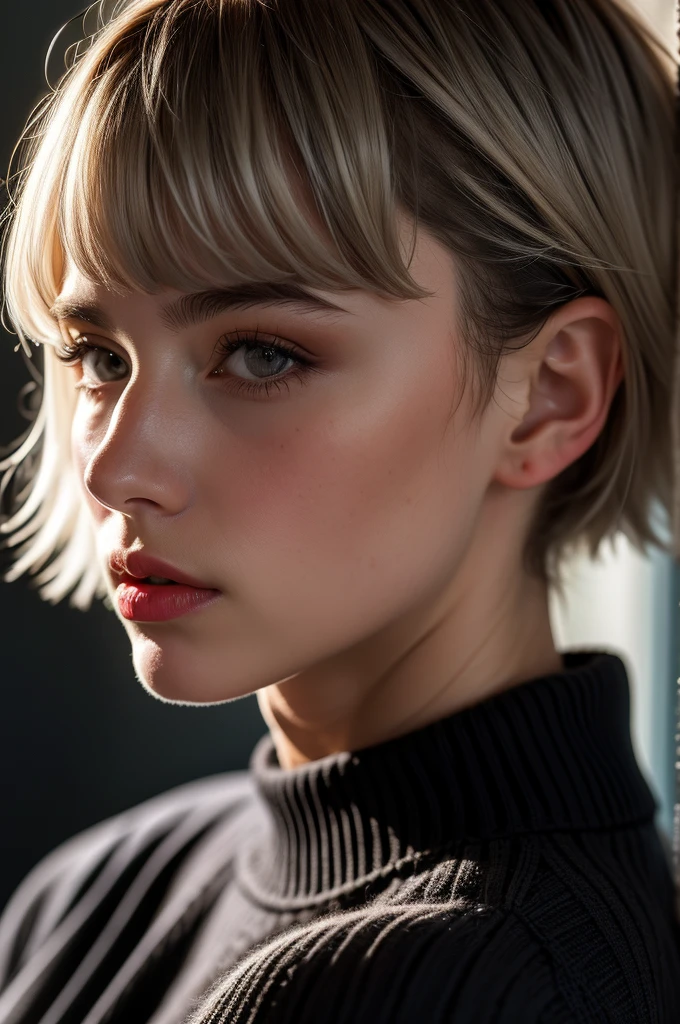 Instagram Photos, French woman, 21 years old, square hair cut,Gray hair, Close-up portrait, sweater, Neckline, pale, Sharp Shadow