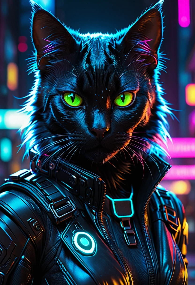 High quality, Extremely detailed, Cyberpunk black cat, furry, neon, High resolution, brighting eyes, portrait, Cinematic shots,