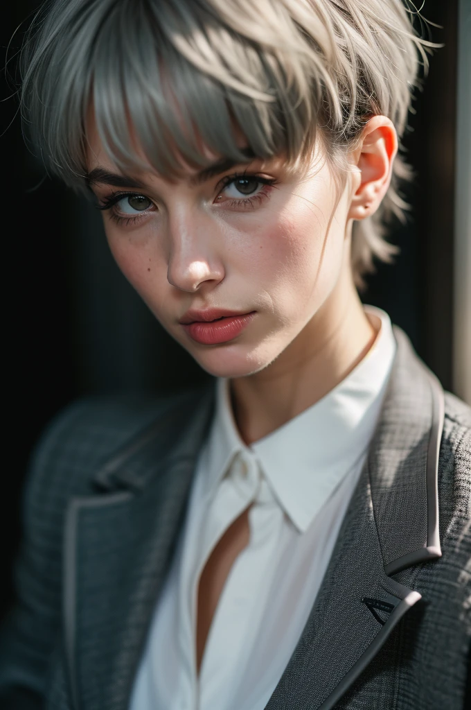 Instagram Photos, French woman, 21 years old, square hair cut,Gray hair, Close-up portrait, Jacket,shirt, Neckline, pale, Sharp Shadow