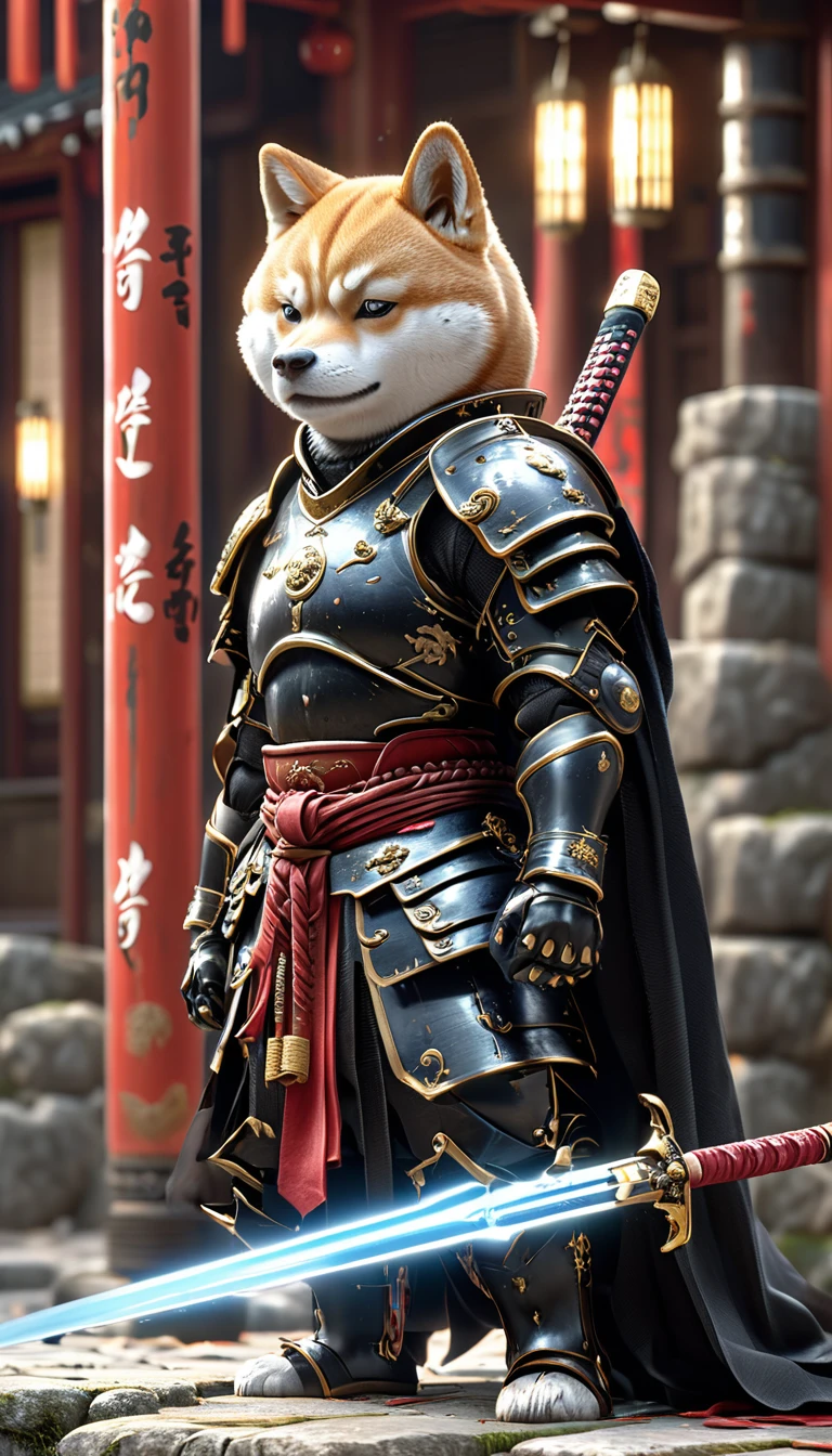 Shiba Inu Samurai,whole body, He has a Japanese sword charged with lightning., Wearing black armor and hakama haori, Japanese temple background, High resolution, masterpiece, Highest quality, Very detailed, Very detailed, Ultra-realistic,
Japan style, 3D Fluffy, Cute and adorable close-ups, Cute big round reflective eyes, Long fuzzy fur, Pixar Rendering, unreal engine Cinematic smooth, Exquisite detail, Cinematic