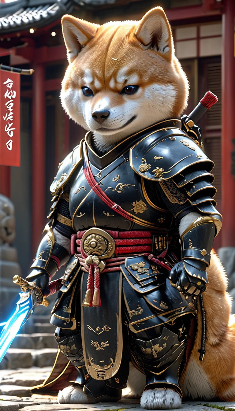 Shiba Inu Samurai,whole body, He has a Japanese sword charged with lightning., Wearing black armor and hakama haori, Japanese temple background, High resolution, masterpiece, Highest quality, Very detailed, Very detailed, Ultra-realistic,
 Japan style, 3D Fluffy, Cute and adorable close-ups, Cute big round reflective eyes, Long fuzzy fur, Pixar Rendering, unreal engine Cinematic smooth, Exquisite detail, Cinematic