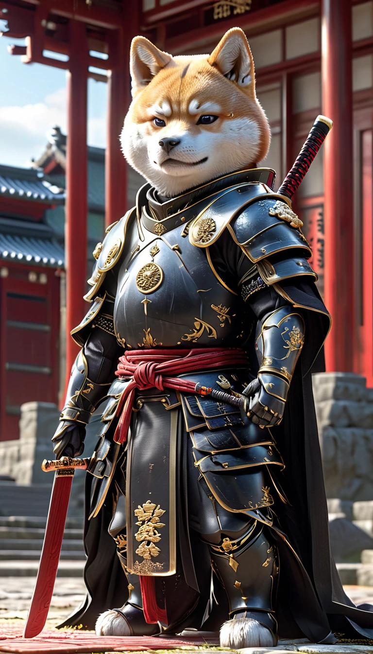 Shiba Inu Samurai,whole body, He has a Japanese sword charged with lightning., Wearing black armor and hakama haori, Japanese temple background, High resolution, masterpiece, Highest quality, Very detailed, Very detailed, Ultra-realistic,
 Japan style, 3D Fluffy, Cute and adorable close-ups, Cute big round reflective eyes, Long fuzzy fur, Pixar Rendering, unreal engine Cinematic smooth, Exquisite detail, Cinematic