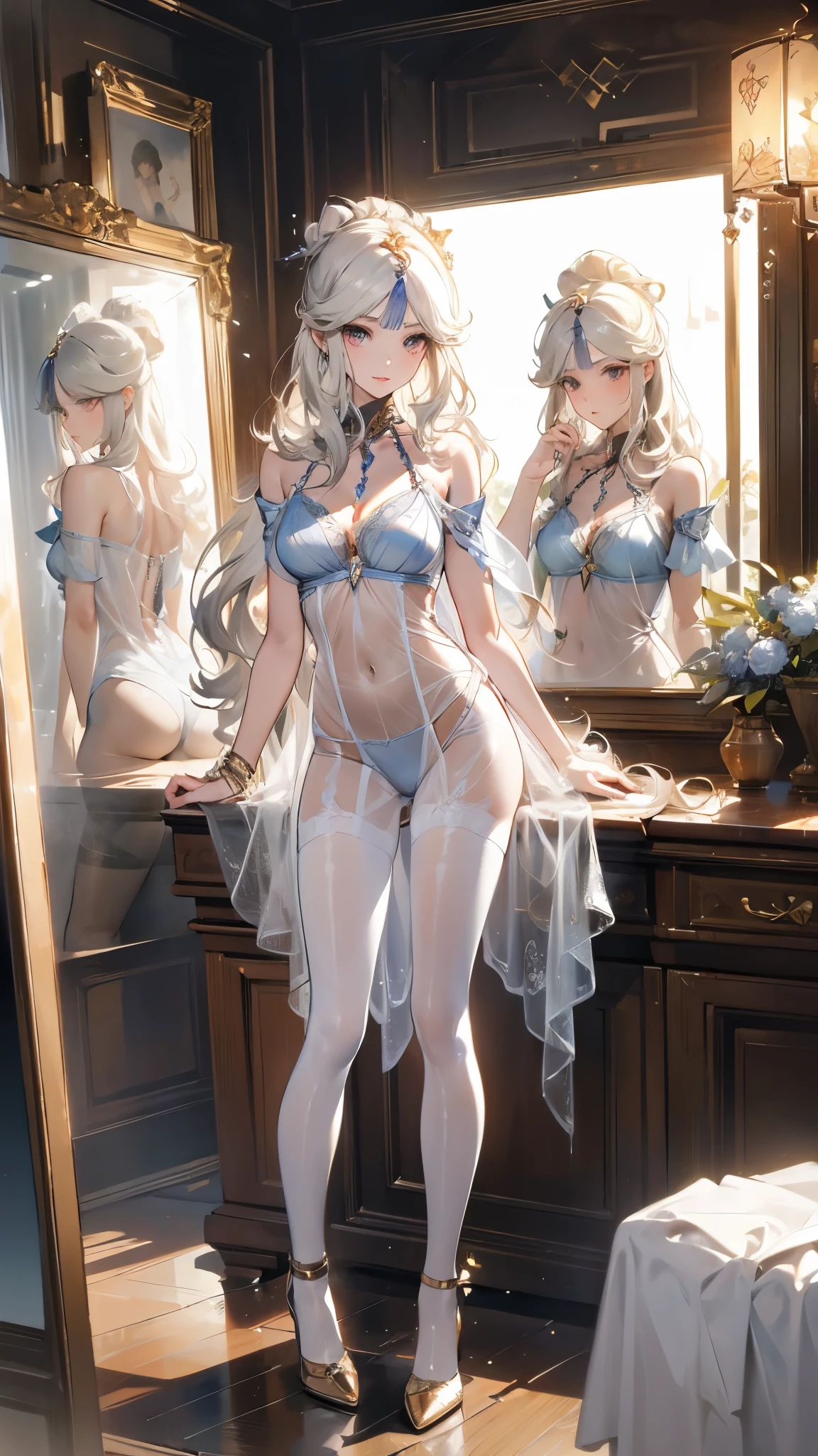 ((masterpiece, best quality)), Delicate face，goddess，whole body，Long legs，Standing picture，Perfect body proportions，Long wavy hair，beautiful eyes，Fantasy style，Extremely beautiful，Pure white background，Mirror，transparent，Sexy Lingerie，chain，Pantyhose