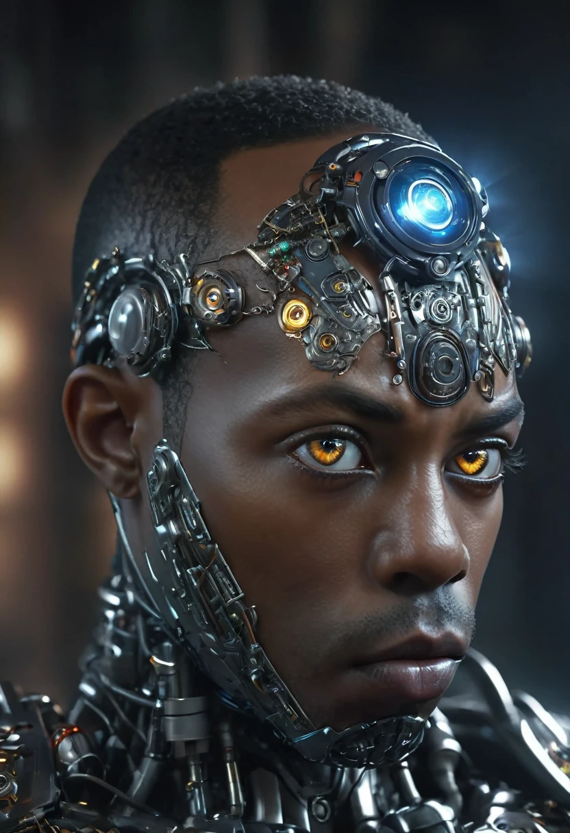 cinematic closeup portrait of shawt a black man as a cyborg from dc comics, highly detailed cybernetic face, glowing cybernetic eyes, intricate mechanical parts, metallic skin, complex circuitry, futuristic design, dark moody lighting, dramatic shadows, cinematic composition, realistic rendering, hyper detailed, 8k, photorealistic