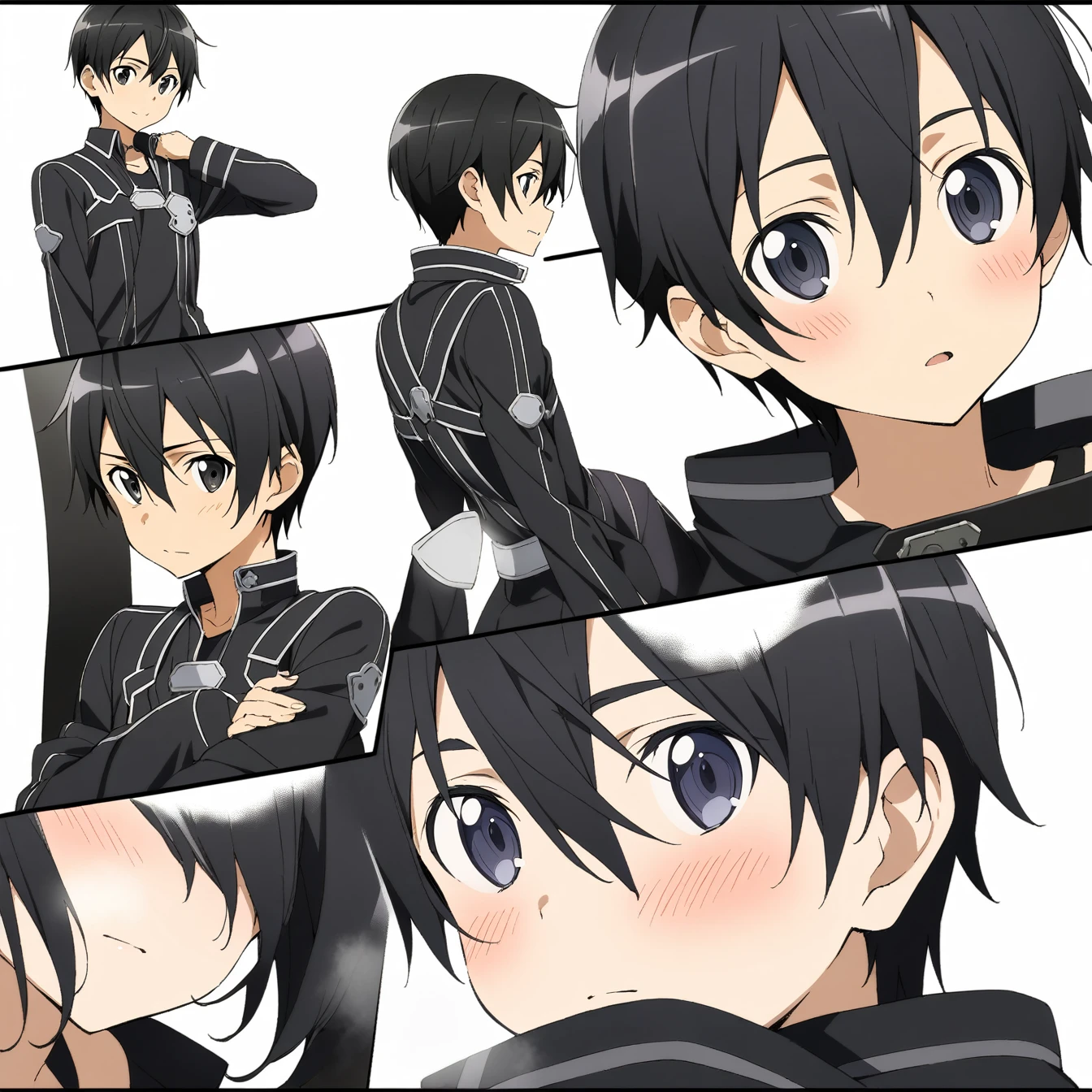 1 boy, Kirigaya Kazuto,kirito,Kirito,Sword Art Online,alone, viewer, pure white background, blush, black eyes,eyes glow, breathing, avatar, half body, comic style colorless, angle, masterpiece, best quality,black clothing，