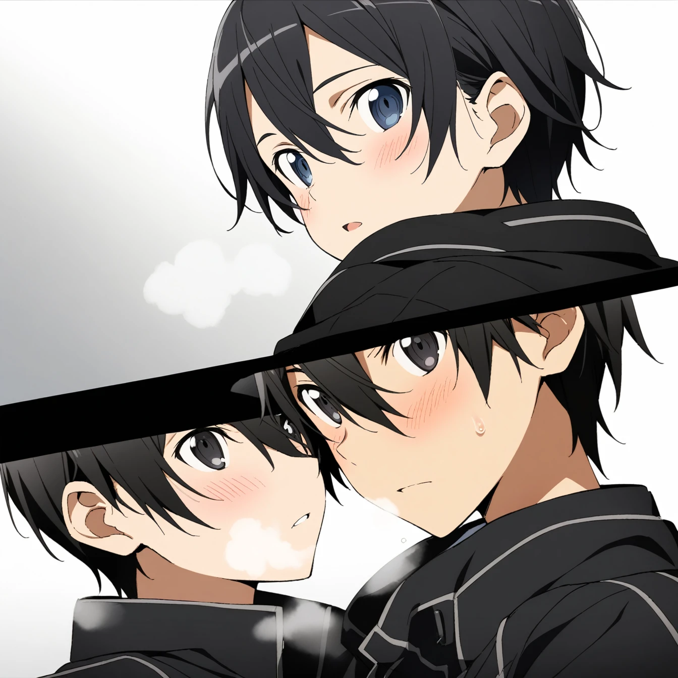 1 boy, Kirigaya Kazuto,kirito,Kirito,Sword Art Online,alone, viewer, pure white background, blush, black eyes,eyes glow, breathing, avatar, half body, comic style colorless, angle, masterpiece, best quality,black clothing,