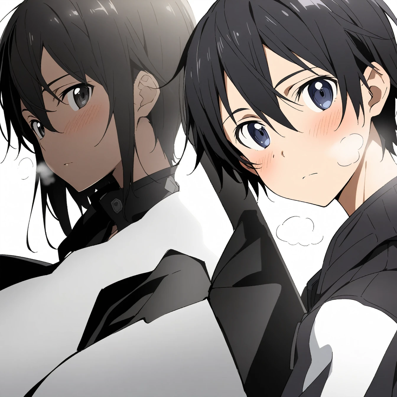 1 boy, Kirigaya Kazuto,kirito,Kirito,Sword Art Online,alone, viewer, pure white background, blush, black eyes,eyes glow, breathing, avatar, half body, comic style colorless, angle, masterpiece, best quality,black clothing,