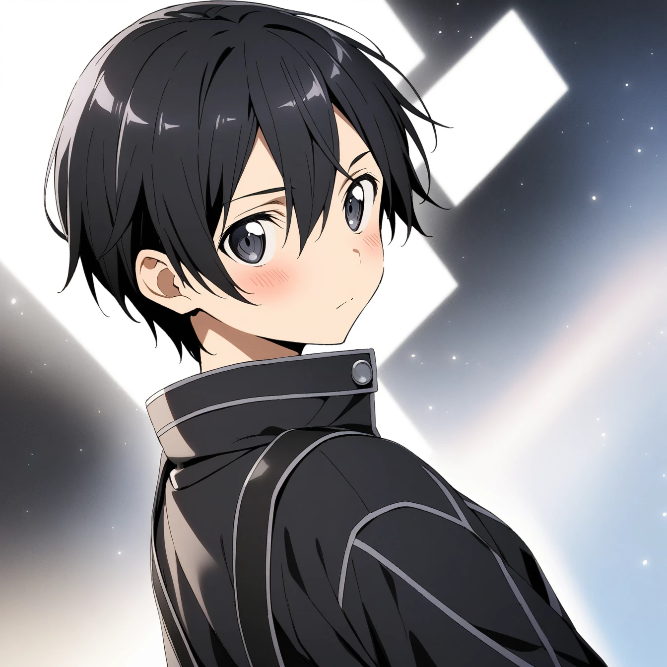 1 boy, Kirigaya Kazuto,kirito,Kirito,Sword Art Online,alone, viewer, pure white background, blush, black eyes,eyes glow, breathing, avatar, half body, comic style colorless, angle, masterpiece, best quality,black clothing,