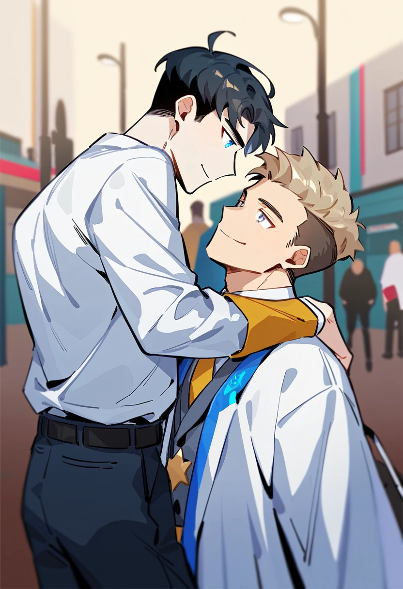 2 young men, focus man , Yaoi, pair, portable princess, bear, shirt, trousers, look elsewhere, smile, student, short hair, light brown hair, blue eyes, Acharya, black hair, Undercut style, gray eyes , The best aesthetics , best quality, Amazing quality, The best aesthetics, nonsense,bright
