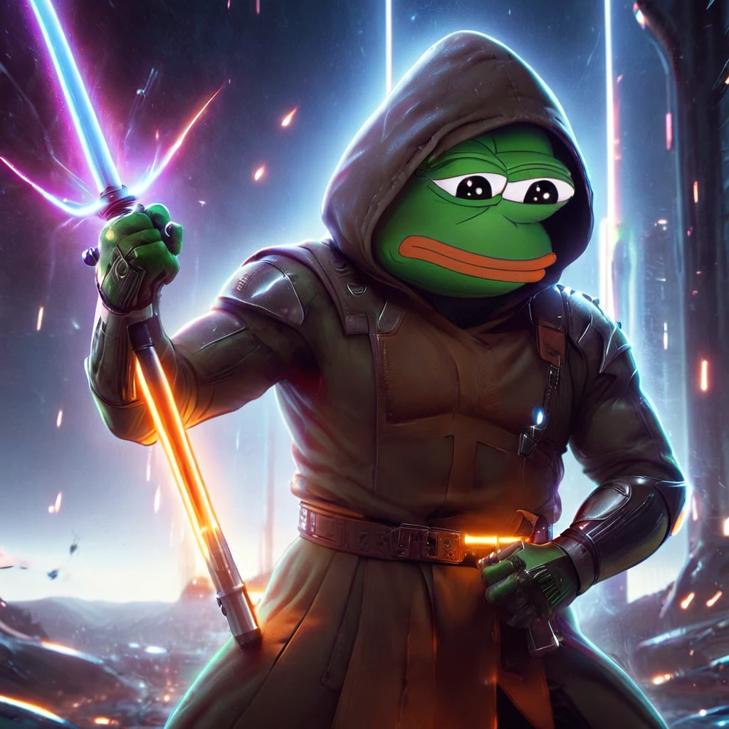 a hooded pepe the frog, holding a glowing saber in a fighting stance, saving the universe, highly detailed, cinematic lighting, epic sci-fi scene, vibrant colors, dramatic composition, photorealistic, 8k, HDR, unreal engine, award winning digital art