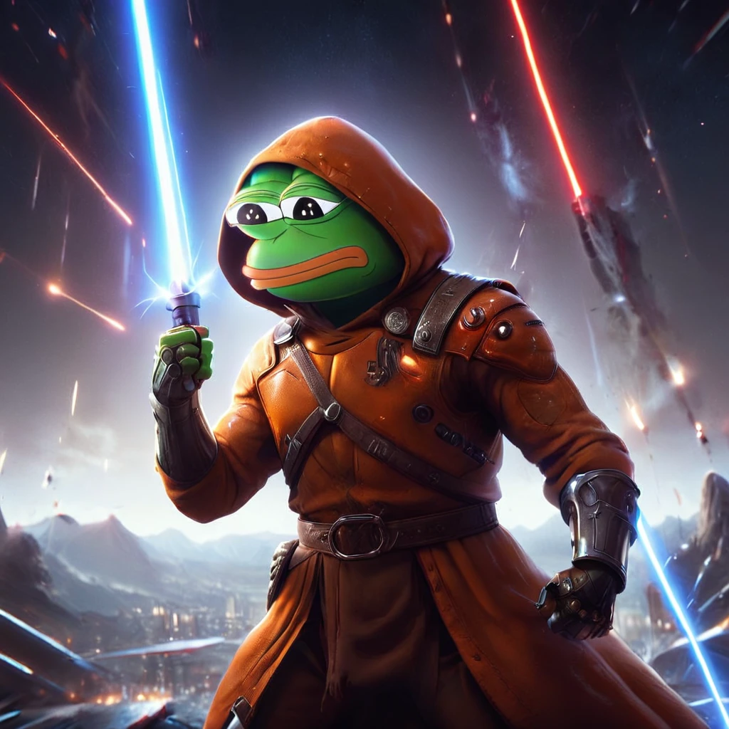 a hooded pepe the frog, holding a glowing saber in a fighting stance, saving the universe, highly detailed, cinematic lighting, epic sci-fi scene, vibrant colors, dramatic composition, photorealistic, 8k, HDR, unreal engine, award winning digital art