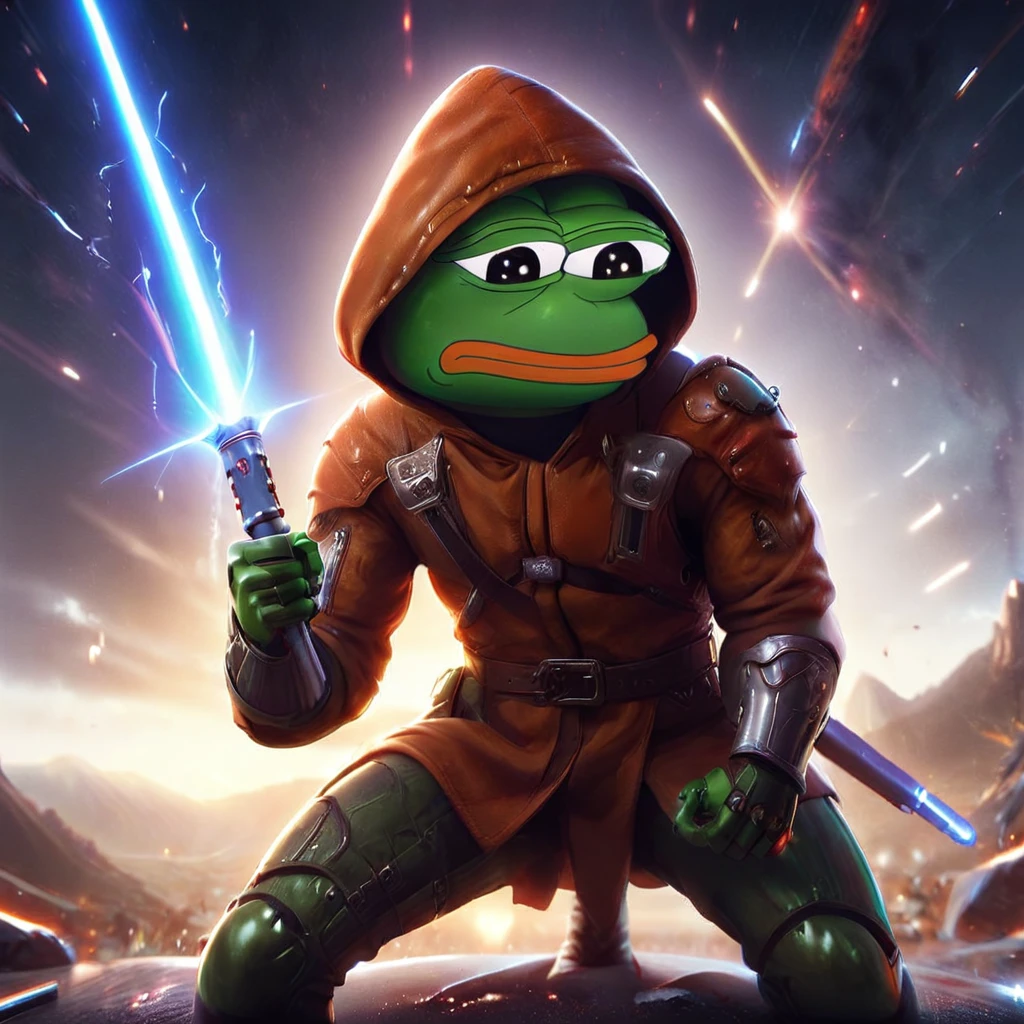 a hooded pepe the frog, holding a glowing saber in a fighting stance, saving the universe, highly detailed, cinematic lighting, epic sci-fi scene, vibrant colors, dramatic composition, photorealistic, 8k, HDR, unreal engine, award winning digital art