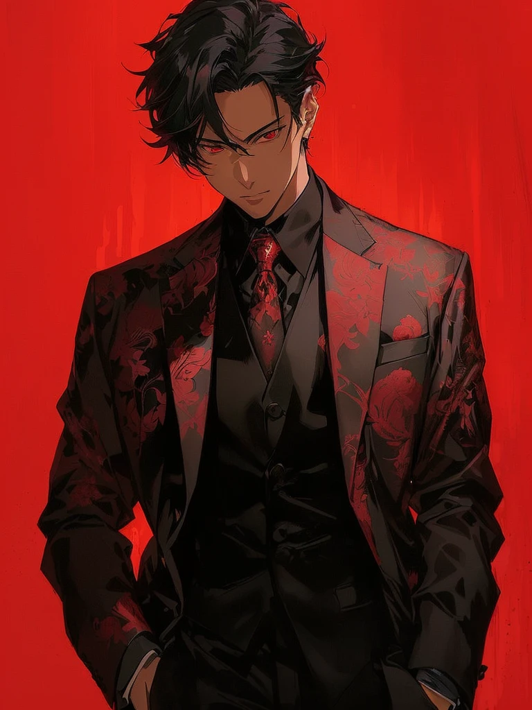 arafed image of a man in a suit and tie standing, handsome guy in demon slayer art, wearing a black and red suit, black and red suit, anime handsome man, red and black suit, handsome anime pose, handsome japanese demon boy, royal attire akira, black and red tuxedo, dark suit, black and red silk clothing