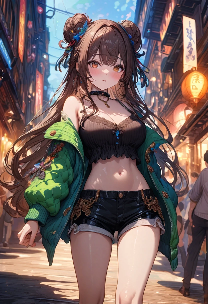 ((masterpiece:0), best quality, very aesthetic, newest, absurdres, detailed, high quality)
BREAK
highest quality, top quality, details, highres, ultra fine painting, digital art, official art, cinematic, 4k, 8k resolution, 8K CG wallpaper, CG, original artwork, detailed background, colorful background, blue atmosphere, High Dynamic Range, blurry background, blue hour, Starburst effects, crepuscular rays, good ISO, high resolution, wide shot, from far away, RAW photo, POV, sharp focus, light reflection, reflections, intricate details, soft light, particle noise, professional photography, bokeh, depth of field, natural lighting, vibrant colors, looking away, detailed lights and shadows, stylish, ultra-detailed, top rated on Pixiv, trending on Artstation, niji style, modern-days, master crafted, pose
BREAK
solo, close up shot, from above, 1girl, pale skin, correct fingers, detailed hand, (big breasts:1.2), big thighs, small torso, short body, flushtered, blush, anxious expression, casual, slim, ((cute, childlike face):1.3), nice hips, nice body, brown hair, (very long flowing hair), (big 2 buns hairstyle)), long bangs, long hair, middle hair bangs, brown eyes
BREAK
(black string tank top, choker, off shoulder open green hoodie, (tummy skin), open unbuttoned shorts, many colors outfit ornaments)
BREAK
a person walking down a street with a crowd of people, crowded street, crowded streets, in front of a large crowd, giant crowd, girl walking through city, people walking down a street
