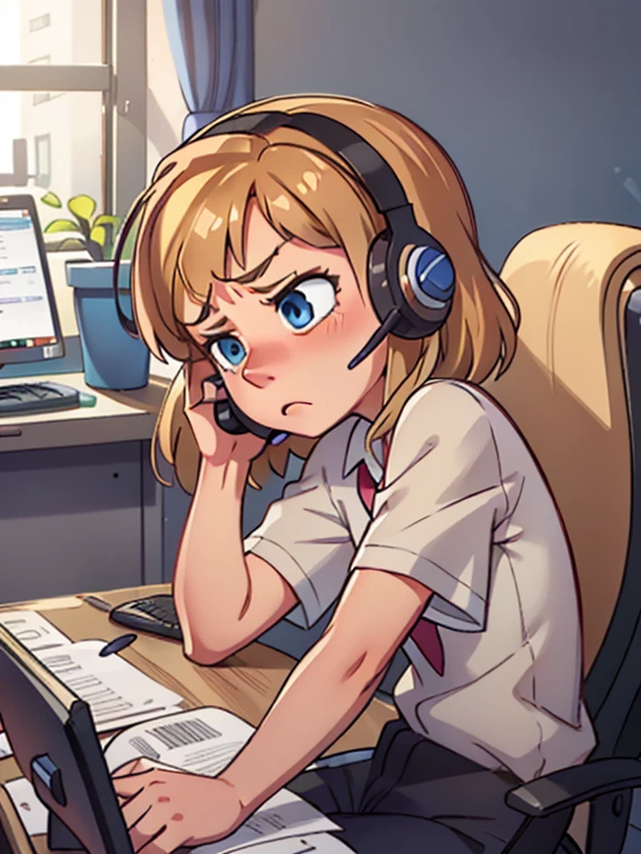 riley andersen, (1 girl), working en un call center, Blonde, blue eyes, short hair, sad face, alone in the office, working, sitting in an office chair, with a desk in front of her and a computer, call center, 5 fingers,