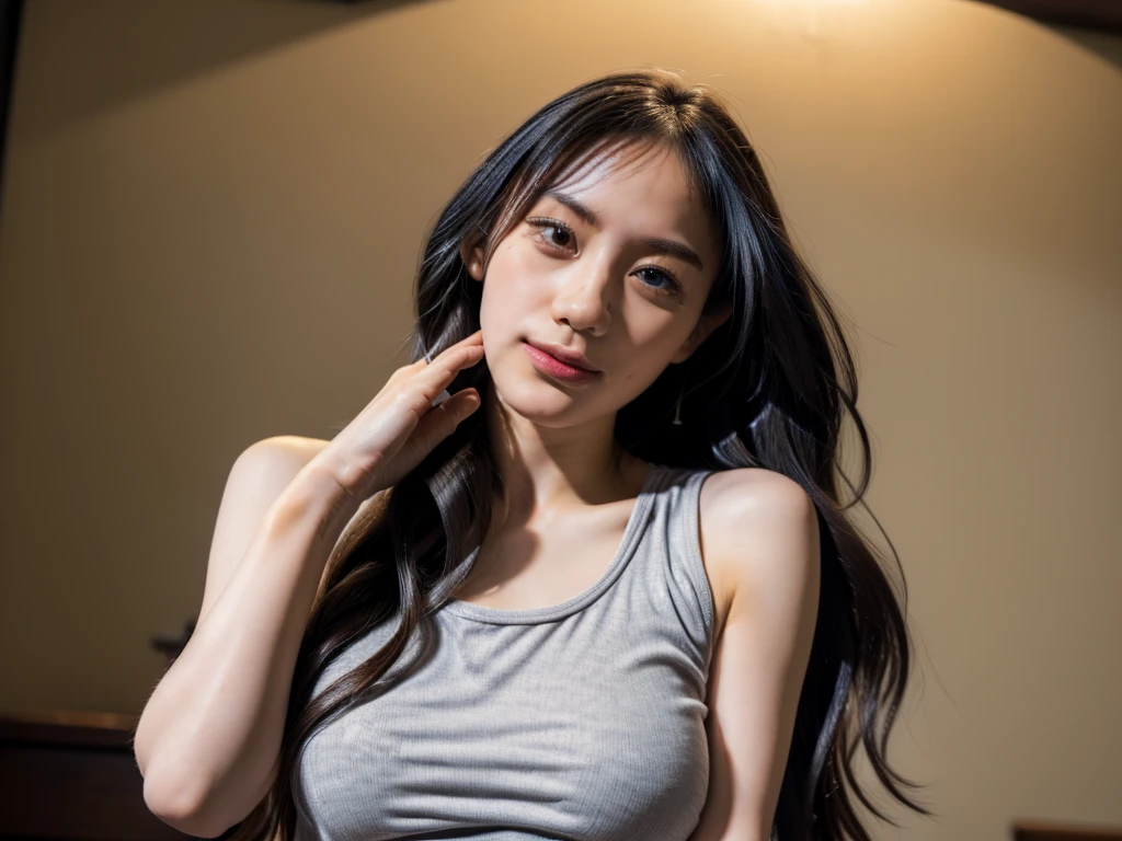 (best quality:1.4), (ultra highres:1.2), (photorealistic:1.4), (16k, RAW photo:1.2),(portrait shot:1.3), 1girl, solo, long hair, knit tank top,  big breast, ((pov handjob)), bra, cum.