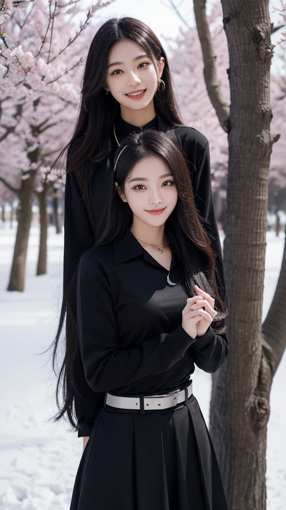1 girl, black long hair,dark purple shirt with collars, long sleeve, black skirt, tie, belt, standing, smile,neckless, sakura trees,  view in winter background