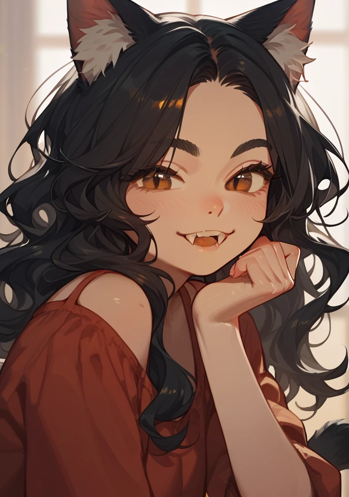 Half body, A beautiful woman, long wavy black hair, brown eyes, casual clothing, cat ears and tail, fangs, 