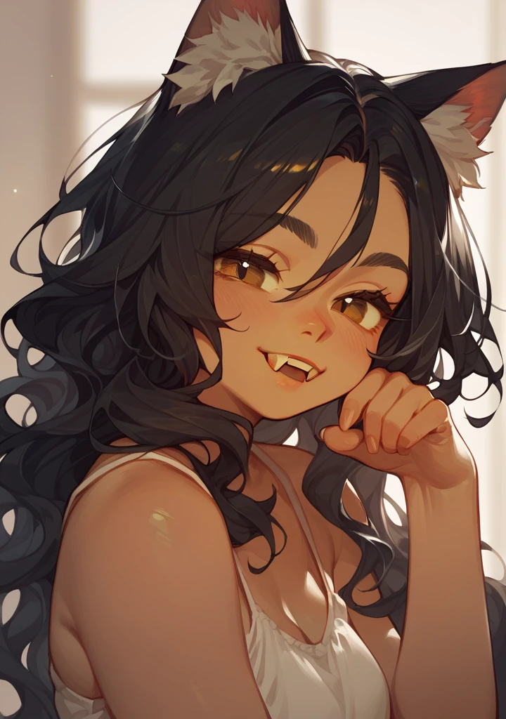 Half body, A beautiful woman, long wavy black hair, brown eyes, casual clothing, cat ears and tail, fangs, 