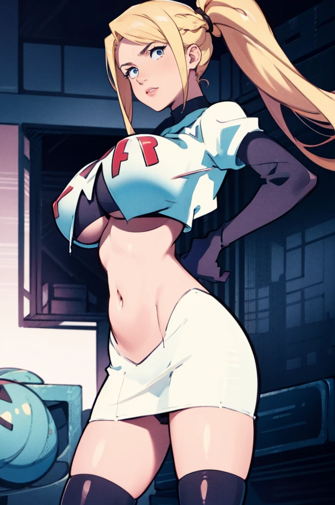 samus aran, huge breasts, round full breasts, NSFW, ponytail, hair tie, team rocket, team rocket uniform, red letter R, white skirt, white crop top, black thigh-highs, black elbow gloves, spaceship background