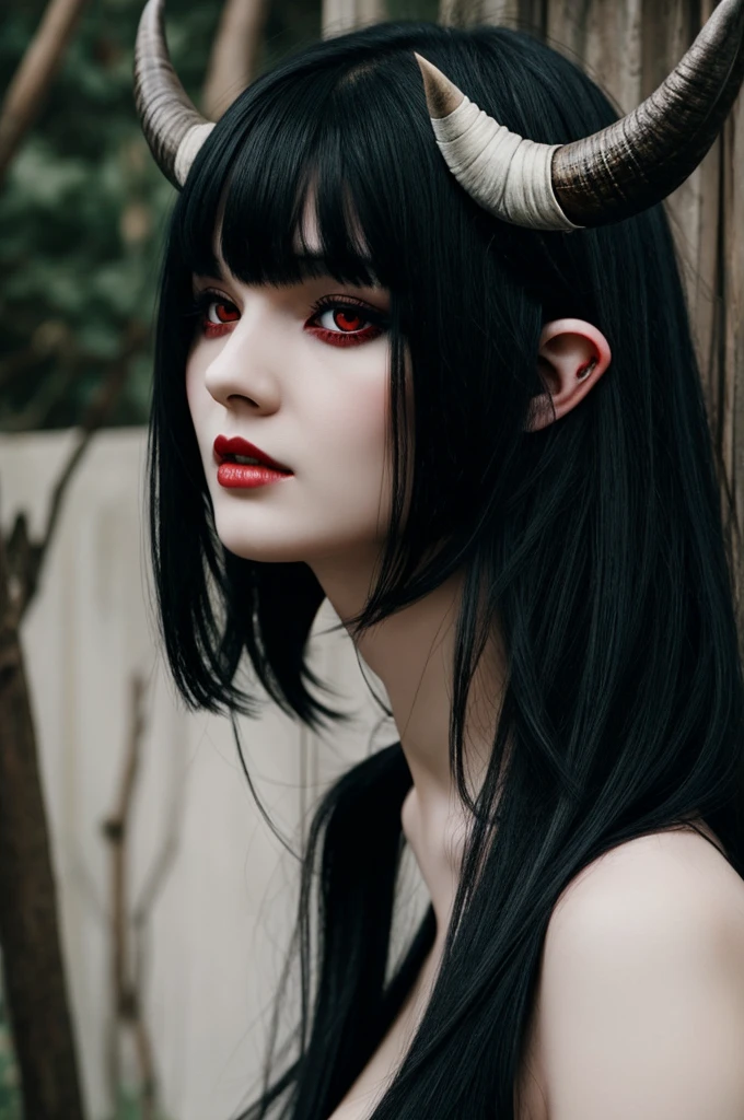 Beautiful demon woman, with pale white skin, long black hair with bangs, two horns red eyes