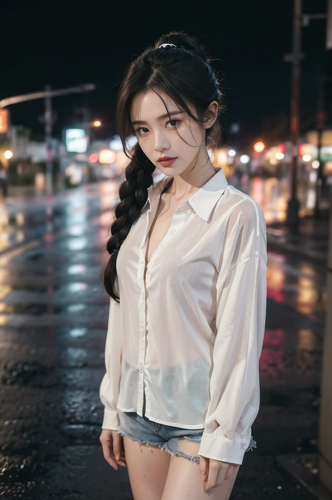 (((best quality))),(((ultra detailed))),(((masterpiece))),illustration,1girl, young,solo, slim,thin,short ponytail,small breasts,flat chest,white collared shirt,cleavage,shorts,standing,arms behind back,rainy night, heavy rain, drenched clothes, melancholy expression, solitude, tear rolling down cheek, wet hair, empty streets, dimly lit, deserted environment, sound of rain, footsteps, symbol of hope, abandoned, resilience, determination, walking in rain, heartbreak, loss, love fading, loneliness, body language, facial expression, dreary atmosphere, rain-soaked streets, somber mood, viewer engagement,((upper body,from front)),urban scape,night scene