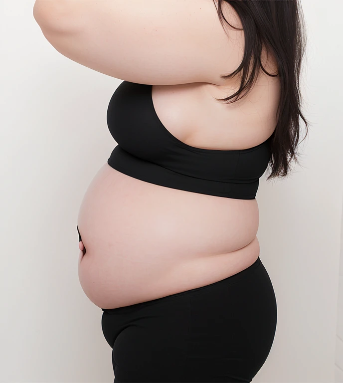 Pregnant woman in black underwear posing for a photo in front of a white wall, her belly is fat and round, visible ship, She has a jiggly, fat, round belly, belly exposed, fat belly, half body photo, half body crop, folds of abdominal flaps, medium shot waist up, pregnant belly, her belly button was exposed