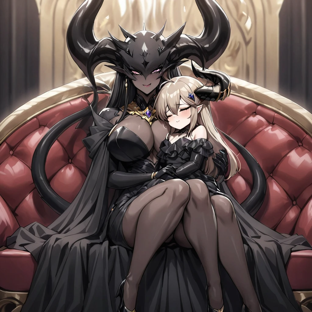 ((Highest quality)), ((masterpiece)), (detailed), （Perfect Face）、The woman is a jet-black devil、The woman is a jet-black female demon with magnificent demon horns and a jet-black tail, her skin is the same black as the Demon King, and she is wearing a seductive and luxurious jet-black dress of the Demon Queen. Her name is Princess Leona, a jet-black demon with medium-long light brown hair. The man and woman are cuddling happily on a large sofa.、The woman is sitting happily on a large sofa, snuggled up to her beloved husband, the powerful demon king.、A strong demon king is sitting on a large sofa in front of a luxurious demon altar, embracing his wife, the demon queen Leona.、The woman is holding her young daughter