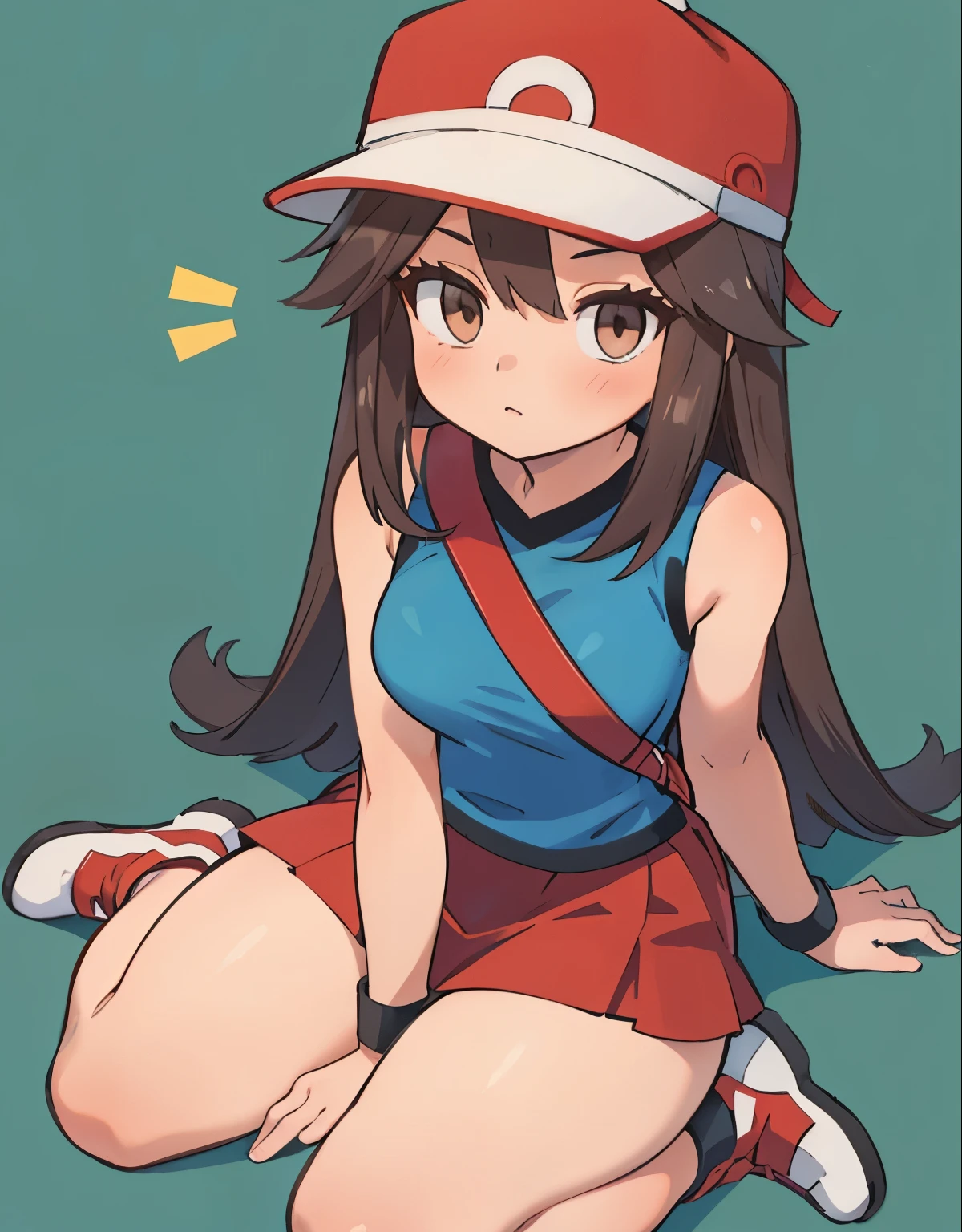 a girl on her knees with her mouth open, 1trainerleaf1, sleeveless shirt, black wristbands, visible thighs,thick thighs,red skirt,blue shirt, brown eyes, hat, hands on thighs, View from above, beautiful and detailed eyes, feminine charm