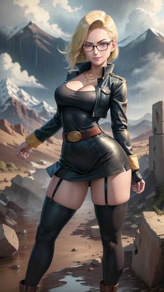 Best quality, Highres, and18, 1girl, android 18, solo girl, 1girl, blonde hair, blue eyes, belt, high heels, black dress, gold necklace, black dress, short hair, jacket black dress, earrings, glasses Reading, medium breasts, cowboy shot, mountains, straight, (weather: rainy and windy), wet body, sexy smile, fighting stance, thigh-high stockings, garter belt, battle ruins, wide hips, thick legs, not wearing clothes, closed fists, hairpin,