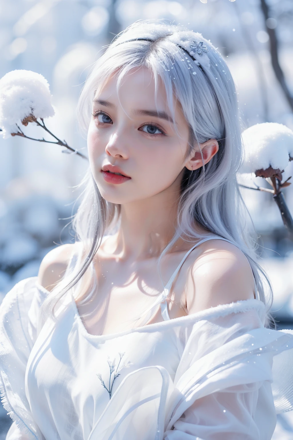 1girll,(Snow,Ice), snowflower, In winter, White hair, Shiny hair, Wavy hair, Transparent clothes, frilld, Lace, Wet clothes, Off_Shoulder, hair scrunchie,Masterpiece, Telephoto lens, absurderes, Exquisite facial features