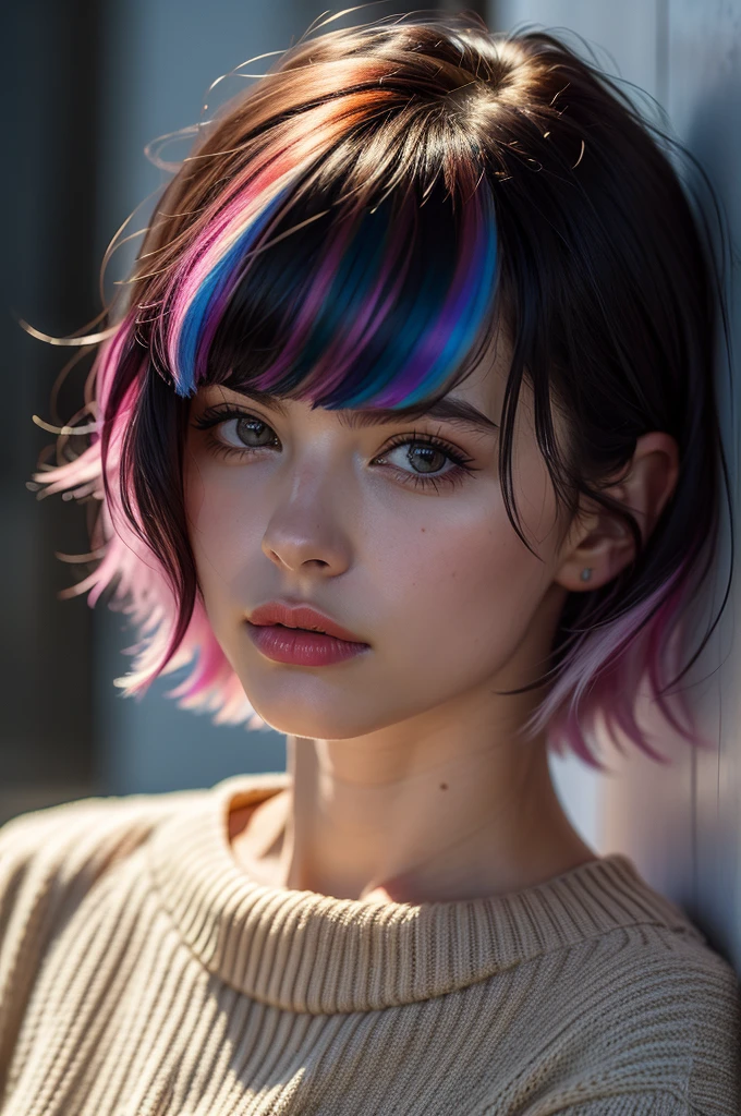 Instagram Photos, French woman, 21 years old, square hair cut,Rainbow Hair, Close-up portrait, sweater, Neckline, pale, Sharp Shadow